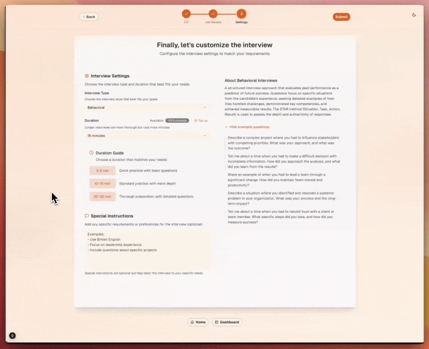 Choose interview settings